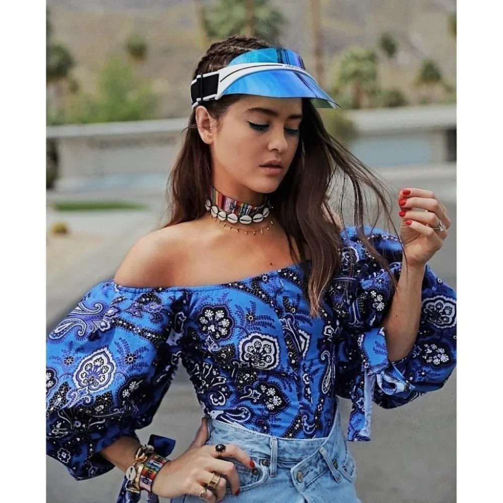 NWT Caroline Constas Nella Paisley Floral Off the Shoulder Puff Sleeve Top Blue